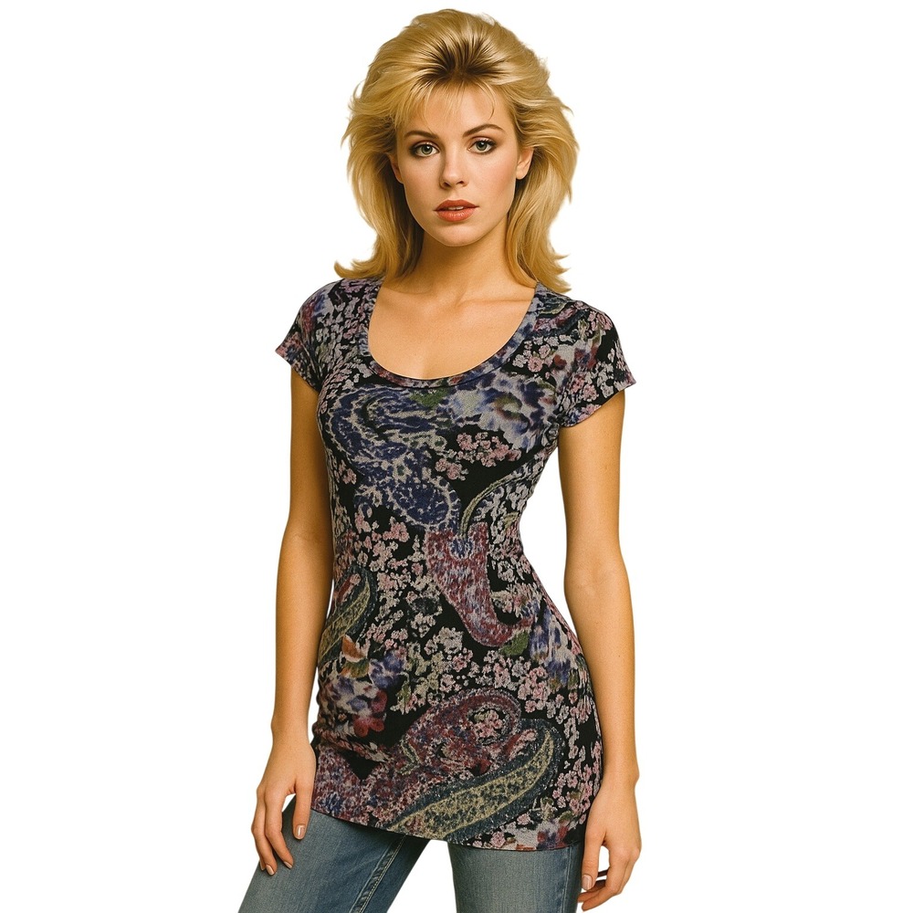 Y2K Bisou Bisou Michele Bohbot Mesh Paisley Floral Print Short Sleeve Tunic Top‎